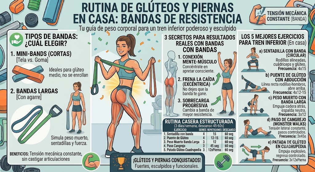 Rutina de glúteos y piernas en casa con bandas de resistencia.