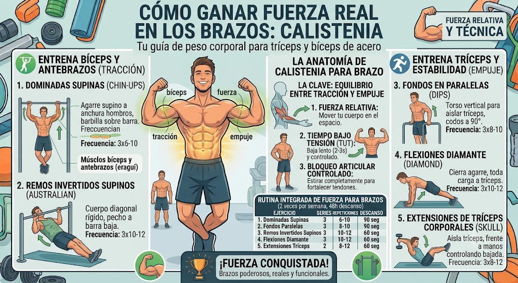 Ejercicios de calistenia para ganar fuerza en los brazos.