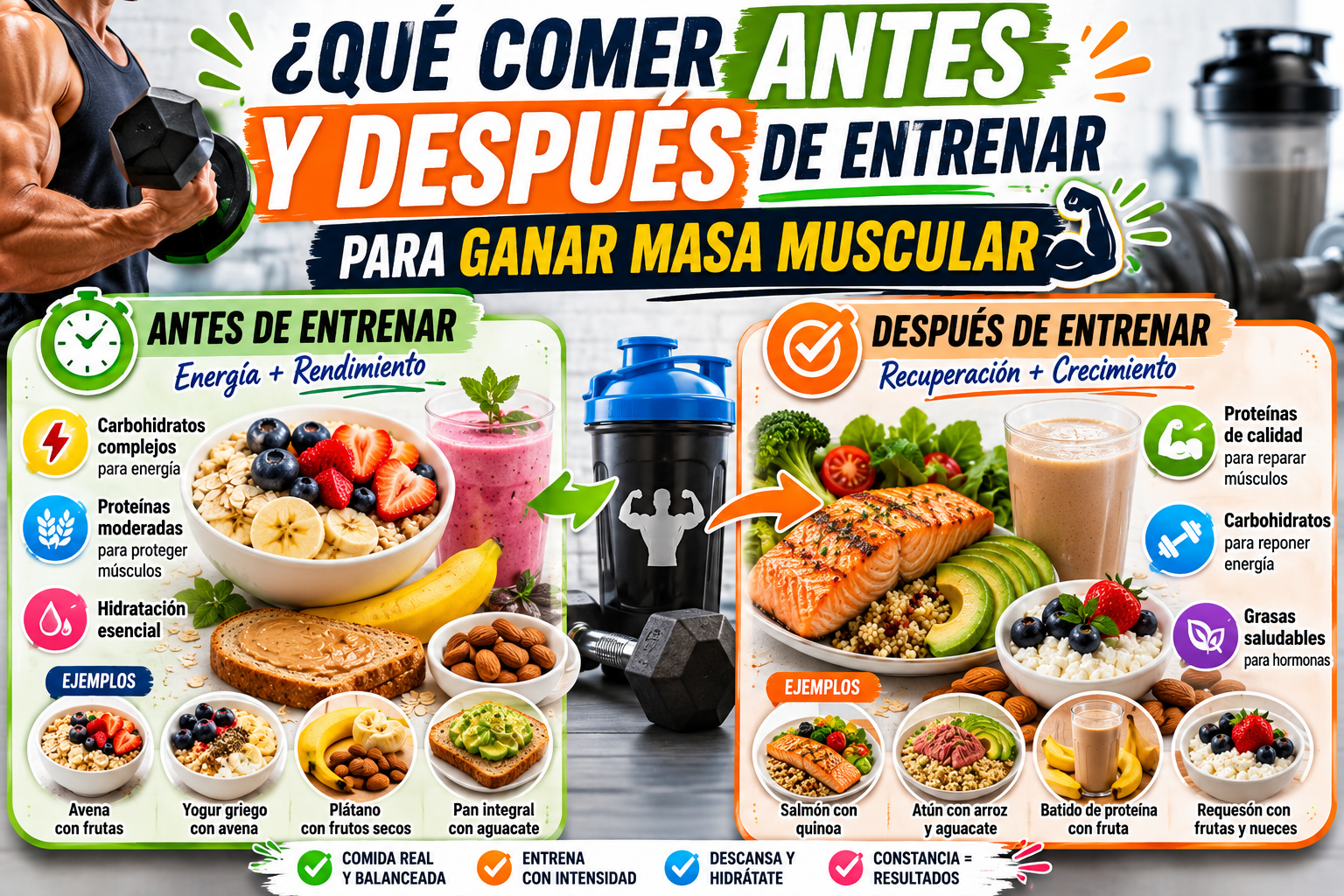 ¿Qué comer antes y después de entrenar para ganar masa muscular?