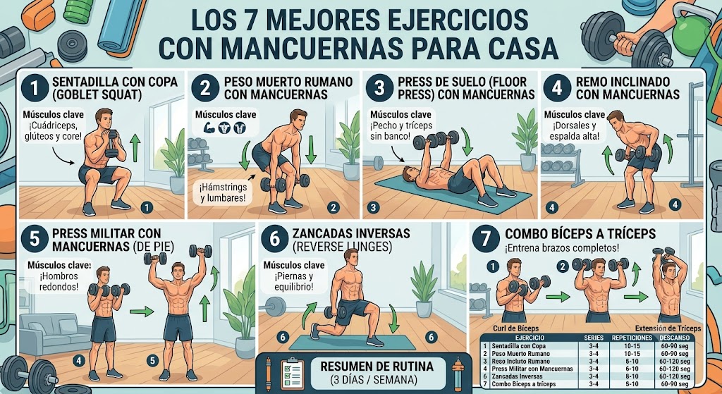 Los 7 mejores ejercicios con mancuernas para hacer en casa.