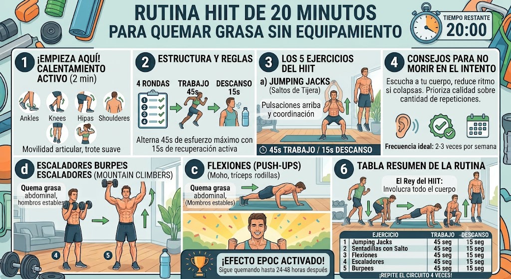Rutina HIIT de 20 minutos para quemar grasa sin equipamiento